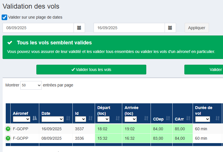 Filtre de période pour la validation des vols