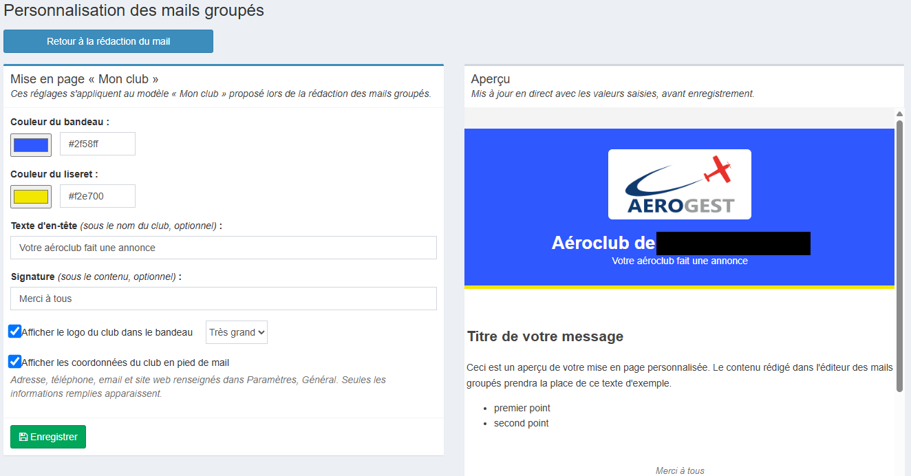 Écran de paramétrage de la mise en page Mon club