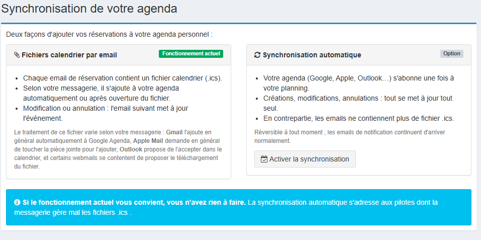 Page Synchronisation agenda : choix entre fichiers par email et abonnement automatique