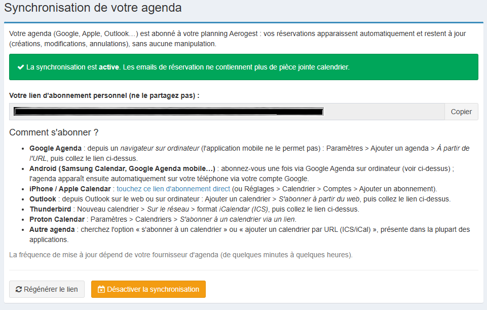 Synchronisation active : lien d'abonnement personnel et instructions par agenda